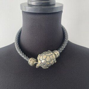 CABOT Vintage Turtle Choker Necklace 17” Braided Black Leather Silvertone 1990s